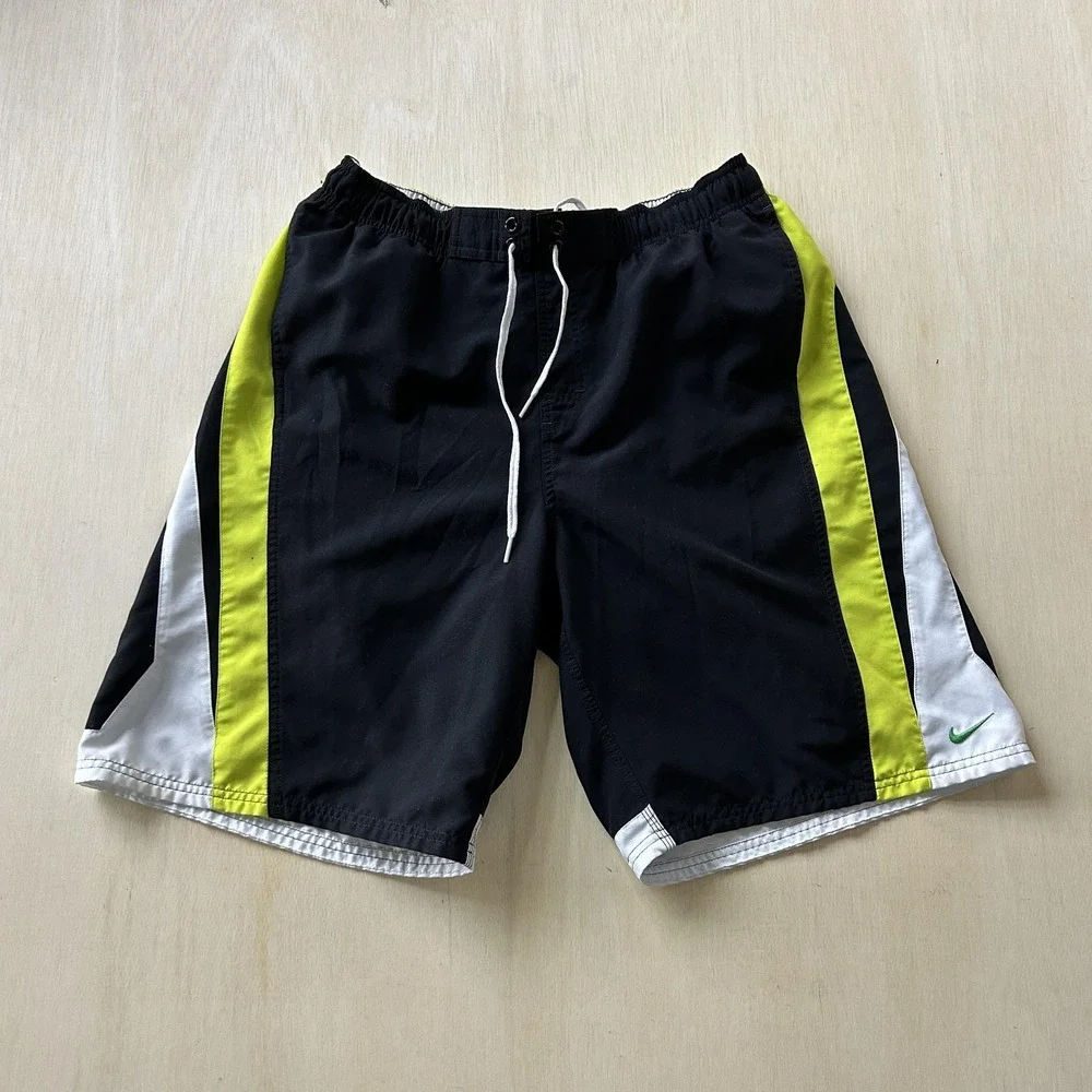 Nike Swim‎ Shorts Mens Large Black Colorblock Mesh Lined Drawstring Trunks Beach